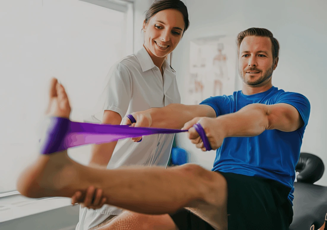 Paciente realizando exercício acompanhado por fisioterapeuta