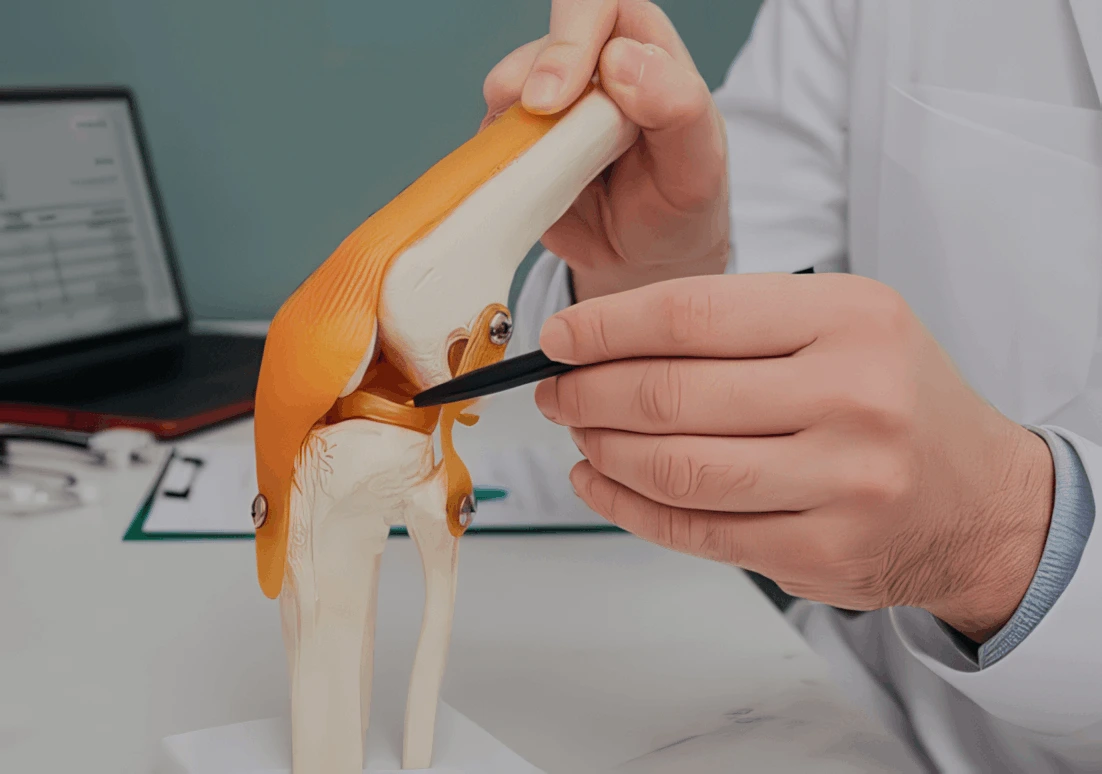 Profissional demonstrando a anatomia do joelho em consulta ortopédica
