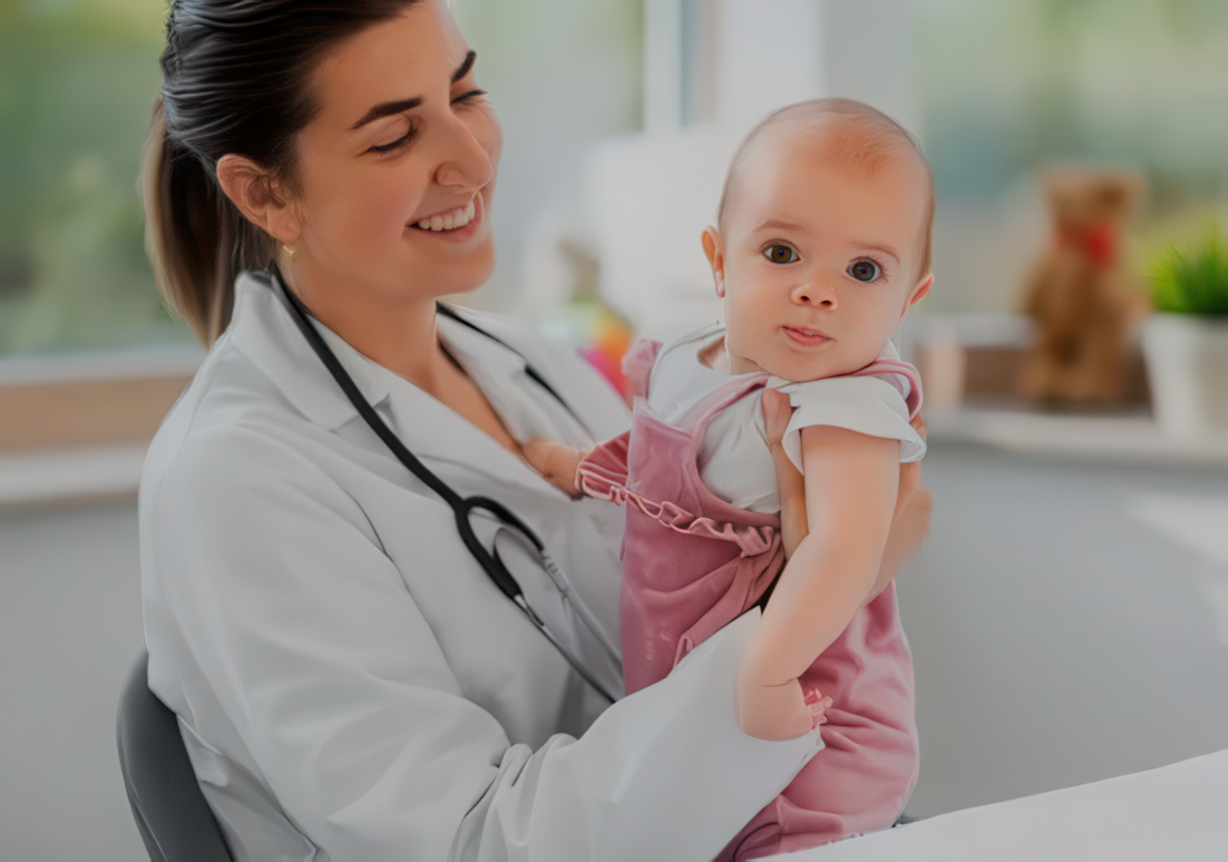 Profissional de saúde com bebê no colo durante atendimento pediátrico